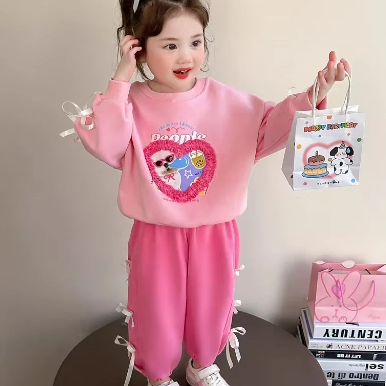 52087女宝多巴胺运动套装春秋新款爱心蝴蝶结卫衣休闲卫裤俩件套