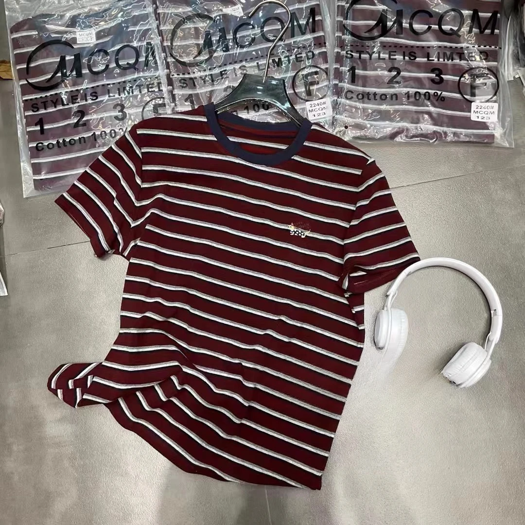 薇莎5158【现货】80-130条纹刺绣圆领短袖T恤女