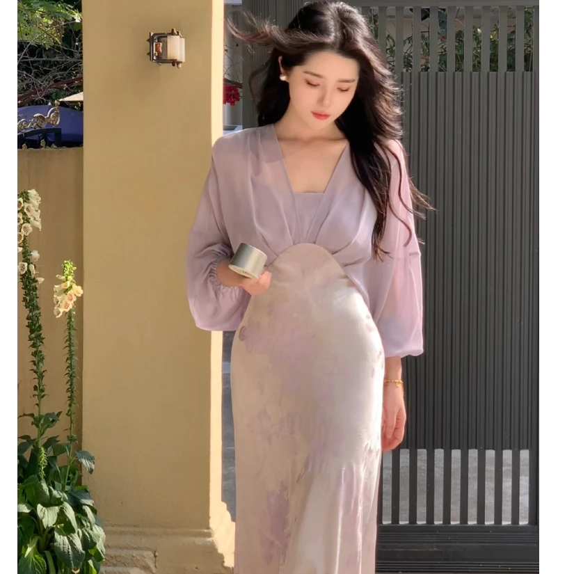 《木木子专属》淡紫色假两件提花缎面高腰斜裁显瘦气质春夏连衣裙