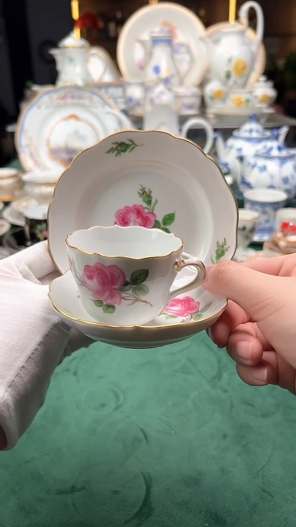 瓷片梅森红玫瑰二等摩卡杯碟盘