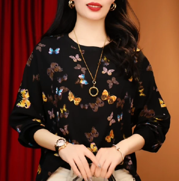 彩蝶-高端长袖时尚上衣女显瘦显白百搭印花圆领减龄