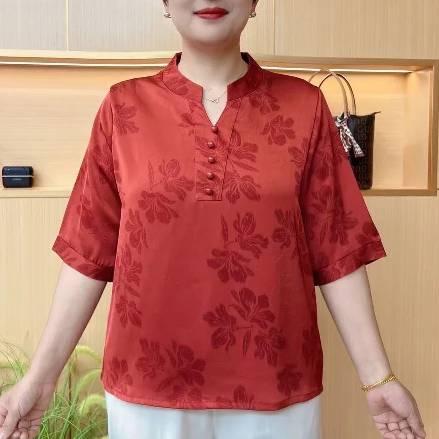 五分袖中国风T恤女士绸缎薄款时尚洋气百搭夏季中老年女装