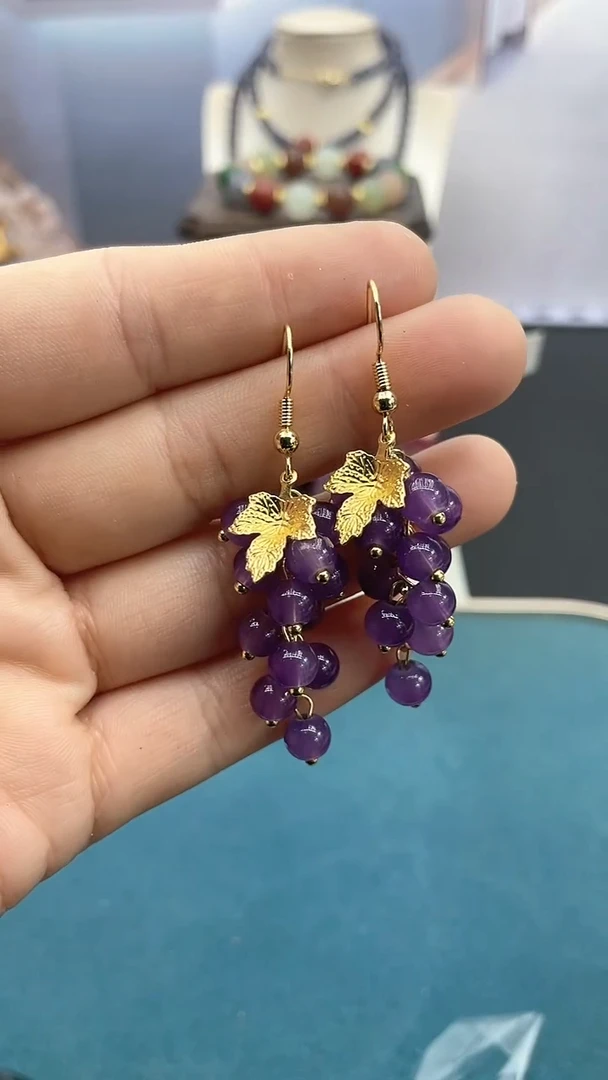 【闪购商品】玛瑙/玉髓耳饰14K金镶嵌紫色葡萄*紫