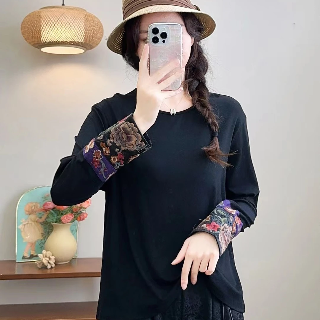 8329袖口贴布刺绣打底衫百搭休闲文艺复古通勤显瘦