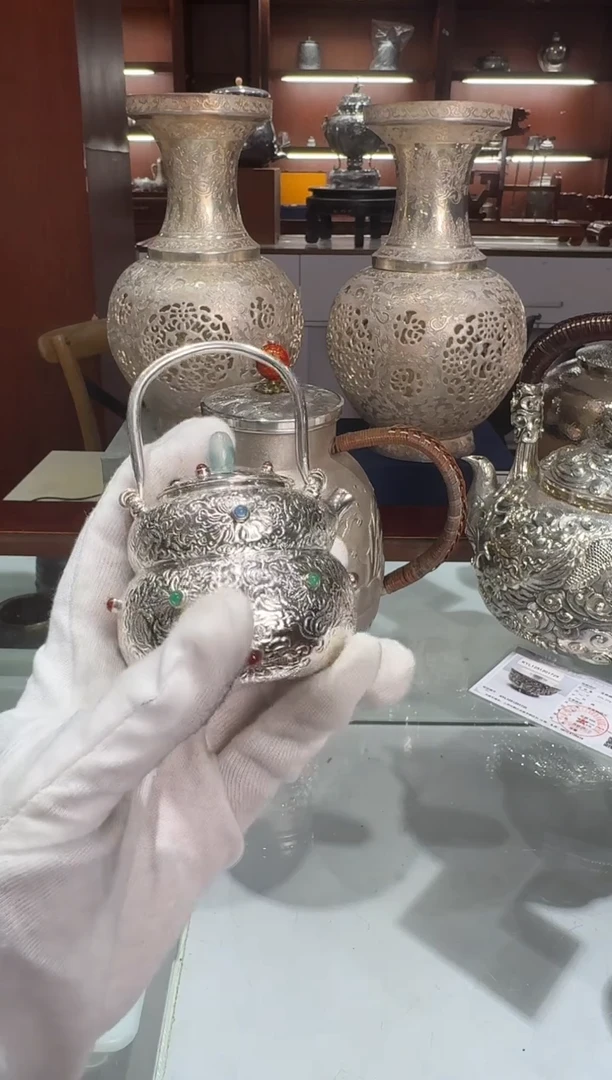 瑜足银精工手工百花镶嵌葫芦提梁泡茶壶