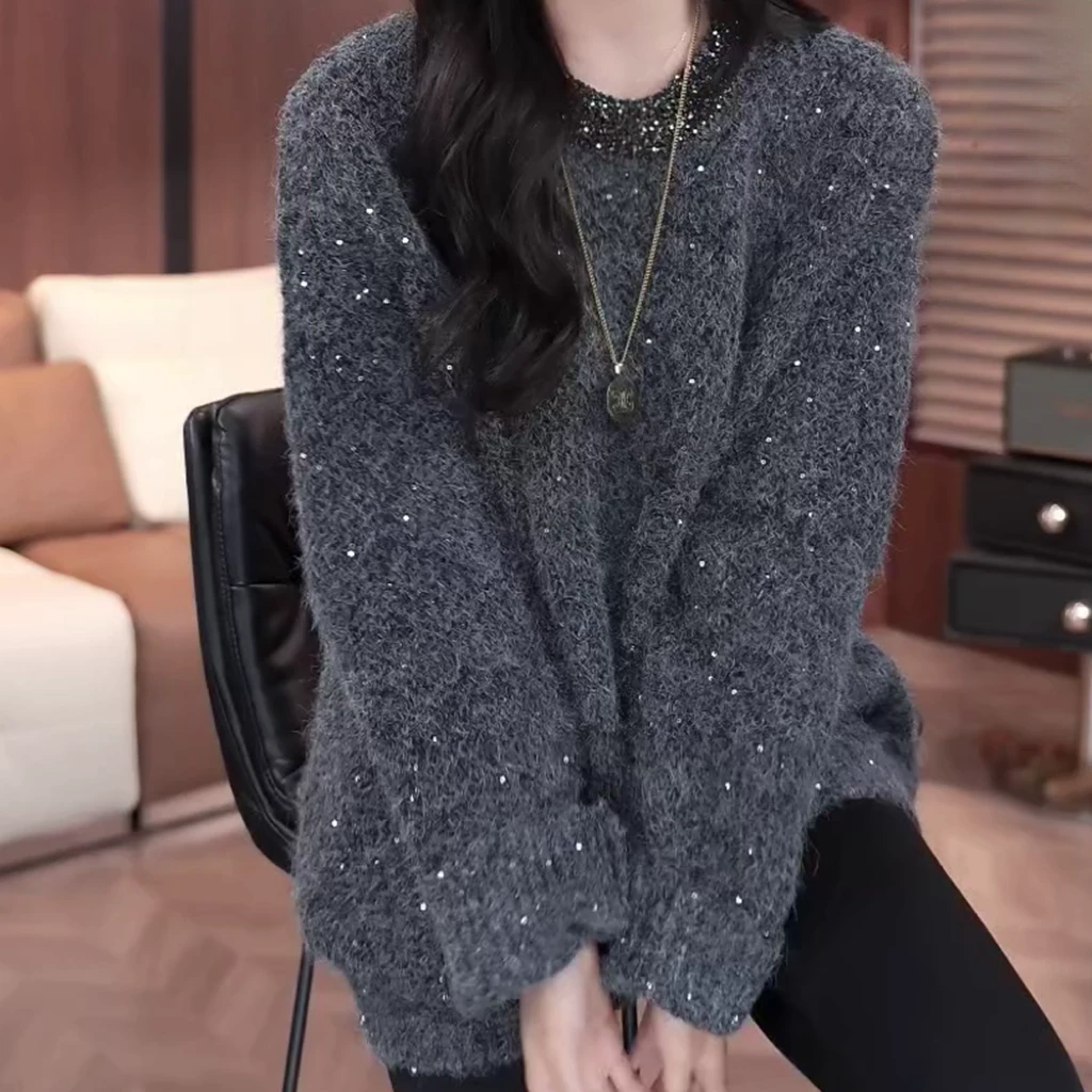 新款小众设计感领口亮片套头毛衣女冬季显瘦时尚针织衫慵懒风百搭