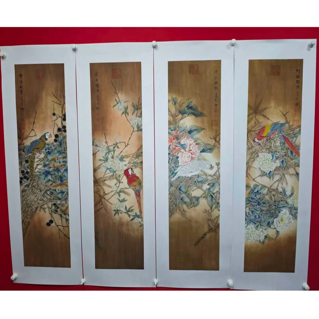 李新社-手绘宣纸鹦鹉四条屏花鸟画