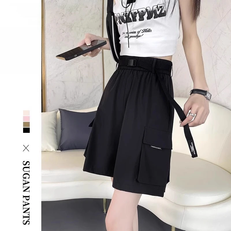黑色工装短裤女夏薄款宽松a字阔腿美式冰丝速干运动中裤五分裤子