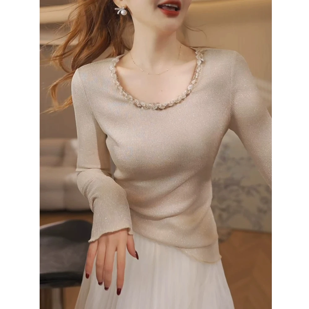 重工钉珠纯色针织衫女2025年春季新款高级感气质轻奢打底长袖上衣