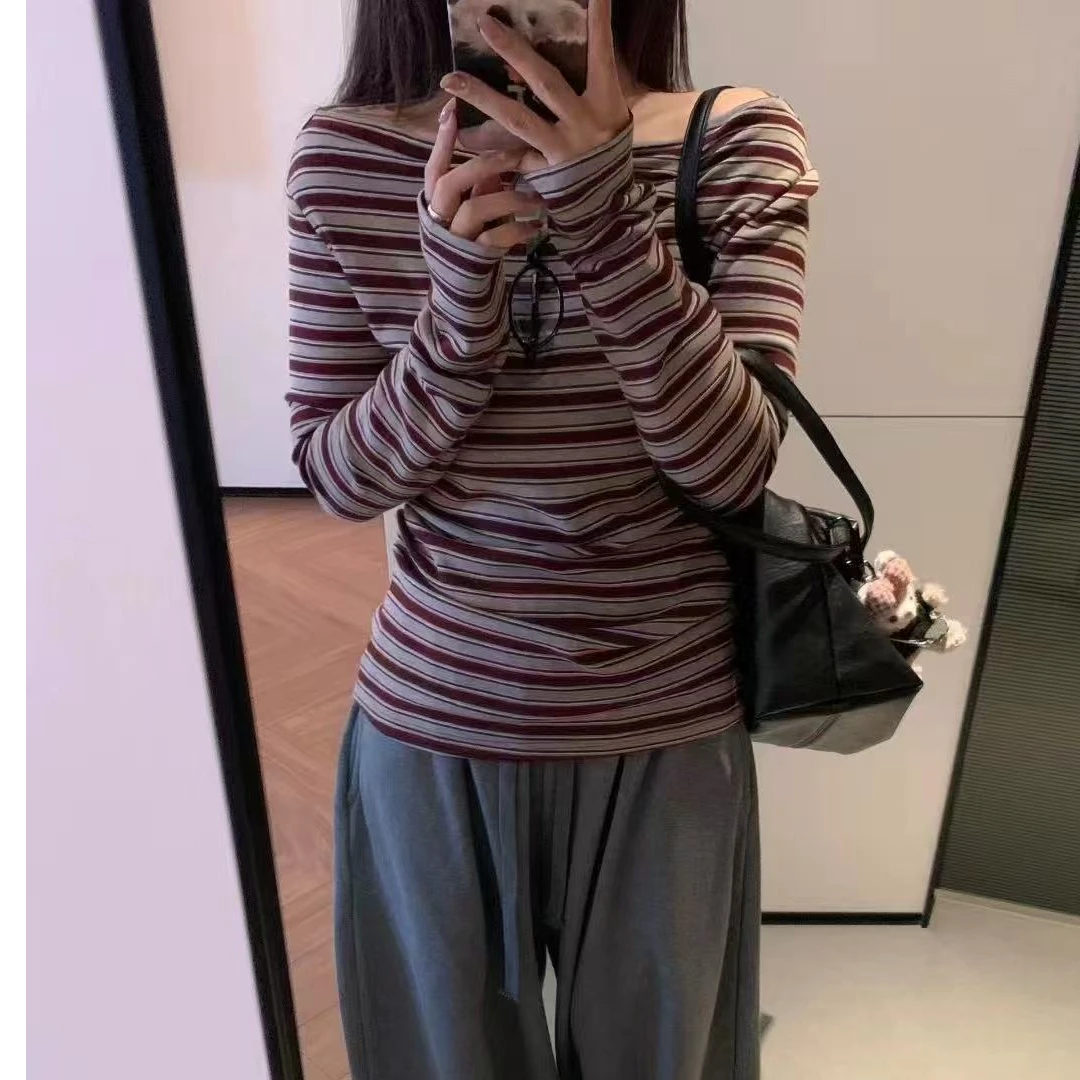 5912·拉肩条纹 SY# 东大门ins拉肩条纹打底上衣·