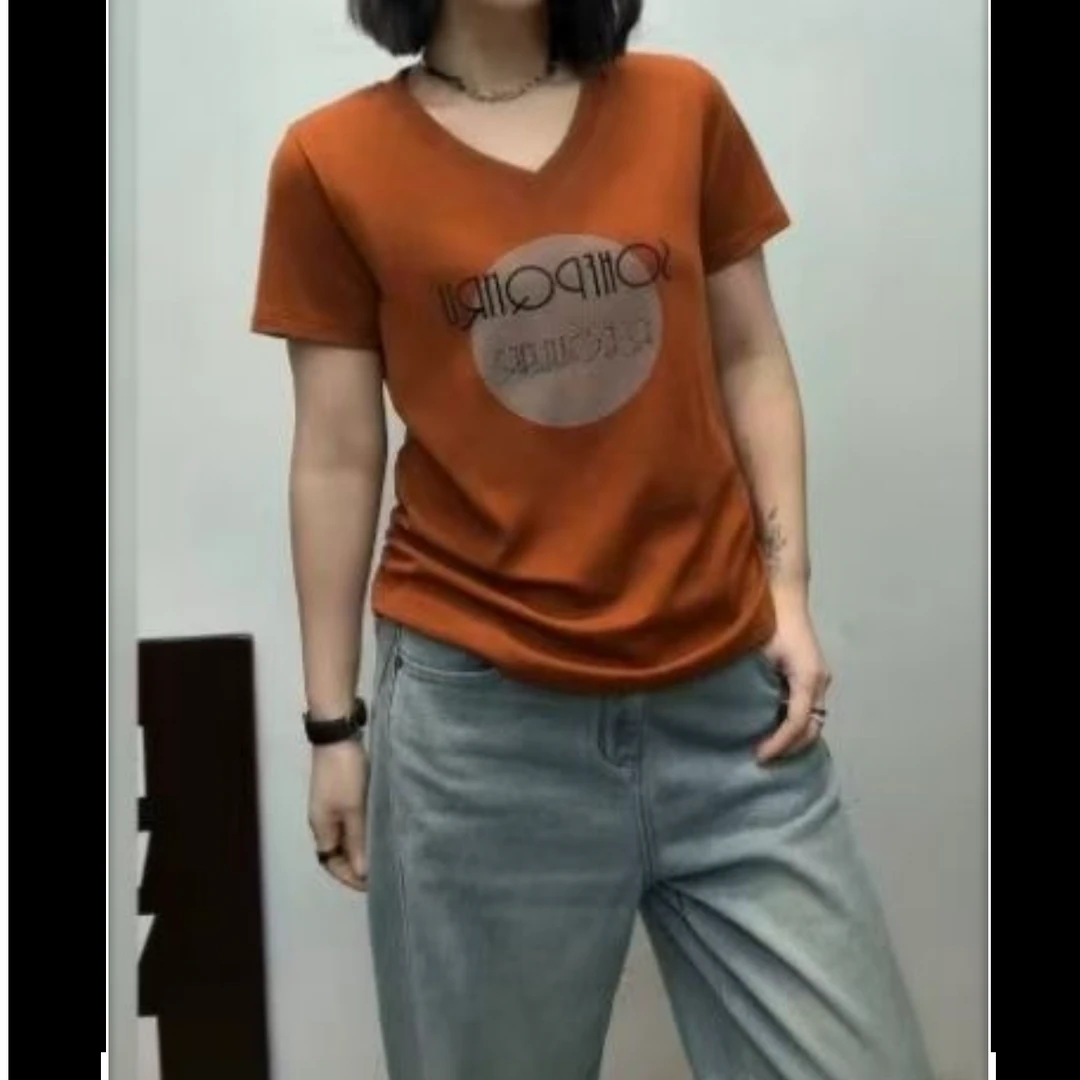 小施家女士时尚工艺闪钻字母V领显瘦T恤5819