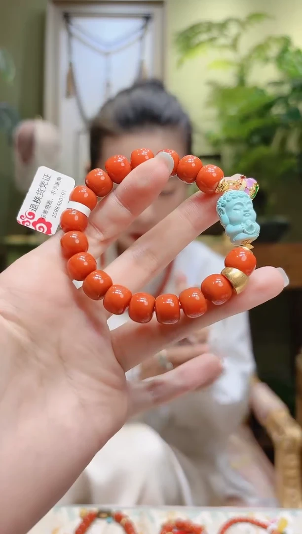 【闪购商品】南红玛瑙手串18K金镶嵌绿松宝宝佛紫财神南红手串