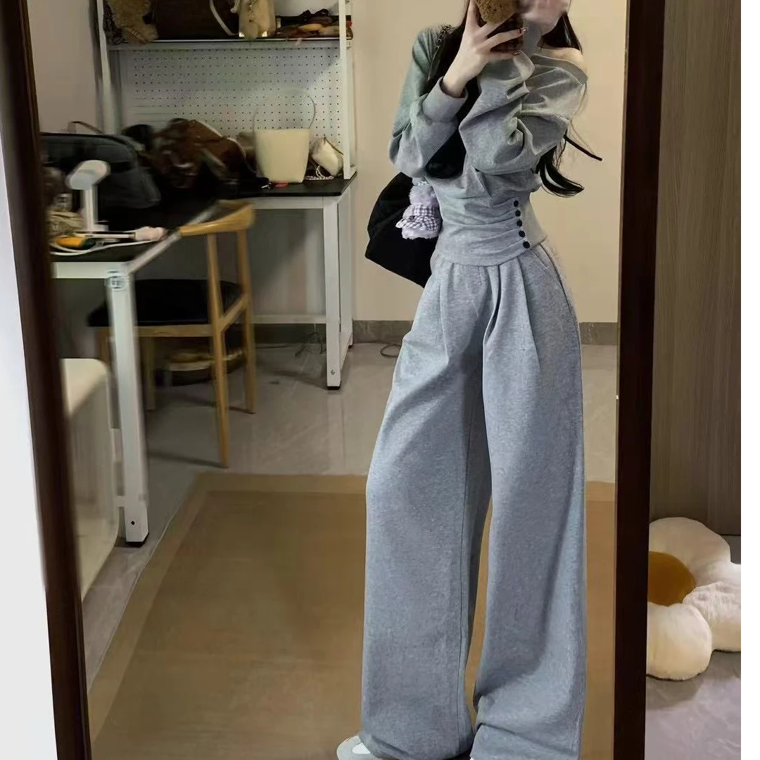 韩系穿搭套装女早春休闲运动短款收腰斜肩上衣灰色阔腿卫裤两件套
