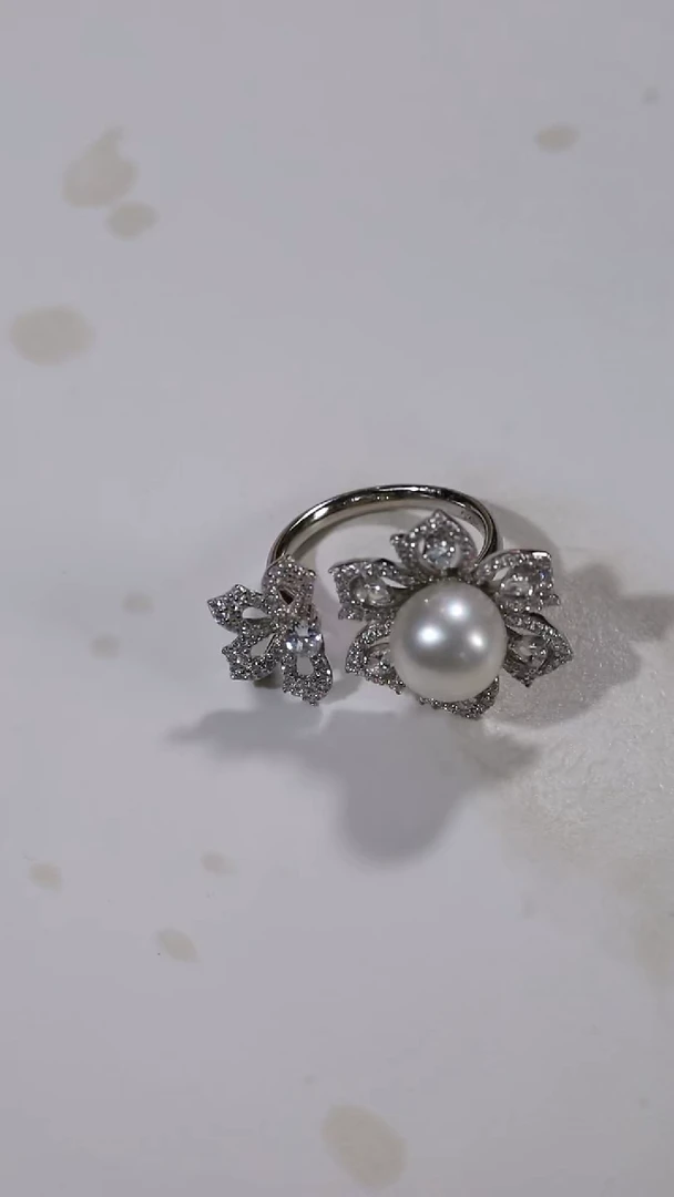 银S925镶嵌戒指海水珍珠澳白花朵戒指