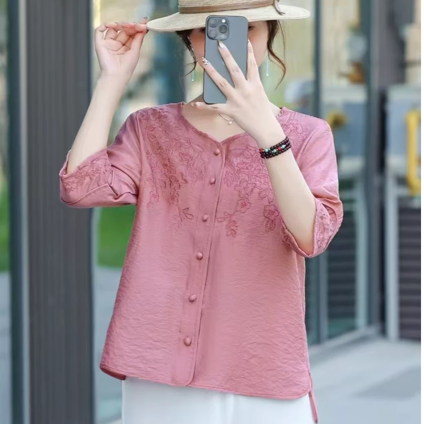 夏季新复古纯色丝麻刺绣半袖宽松显瘦薄款排扣衬衣