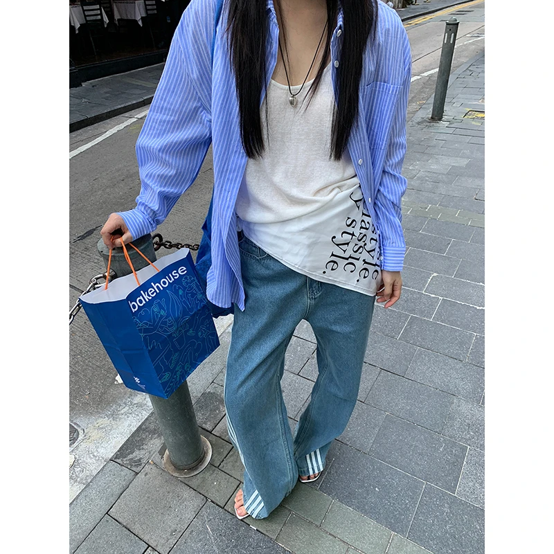 【HRG清仓】设计感外穿条纹小众百搭常规蓝色长袖BD衬衫251X0293#