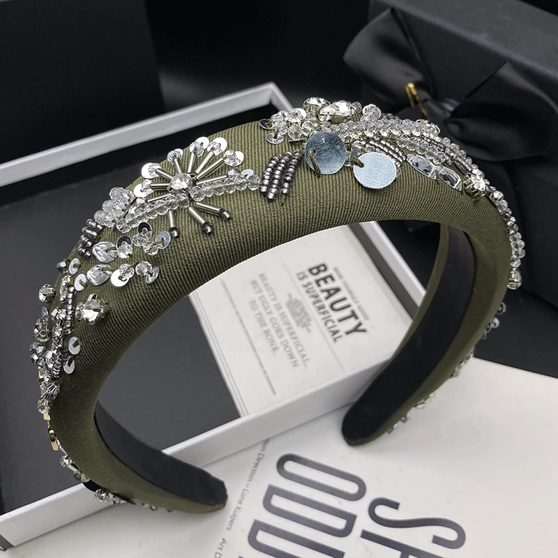 【林间精灵】高颅顶手工钉珠暗苔绿时尚百搭发卡发箍高级感头箍发饰