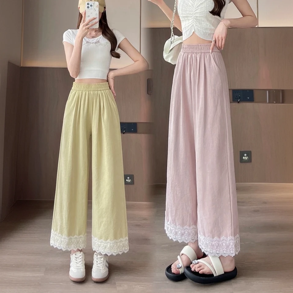 洗水棉蕾丝花边阔腿裤女夏季新款森系甜美垂感软糯九分休闲直筒裤