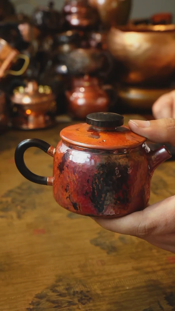 紫铜焰火红大钮德中泡茶壶