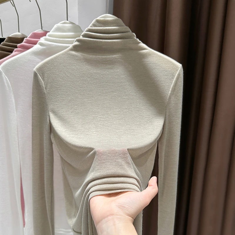 纯色针织衫上衣女内搭2025秋季修身显瘦堆堆领洋气T恤打底衫小衫