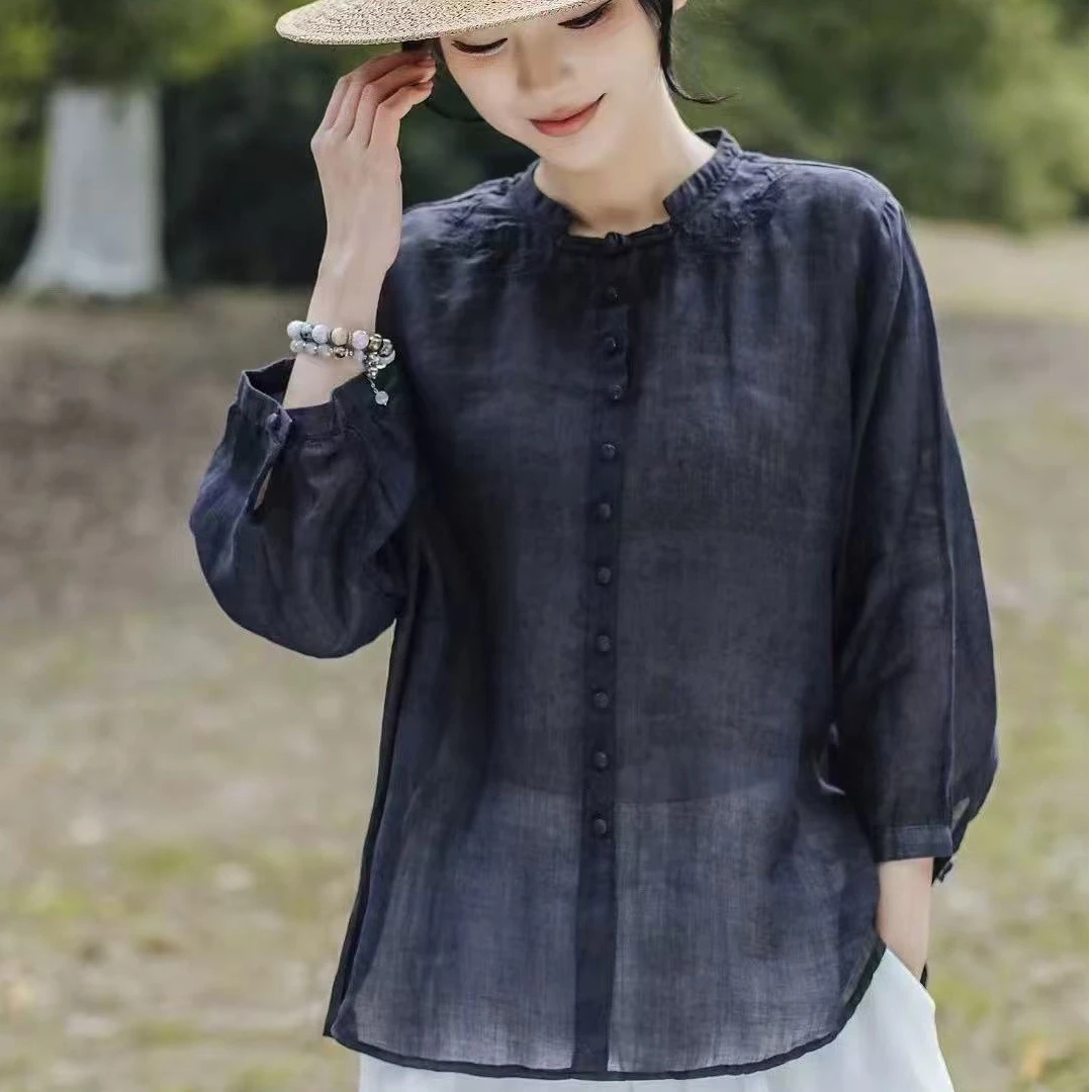 回笙2025春夏新款复古刺绣宽松提花百搭显瘦七分袖苎麻长袖小衫