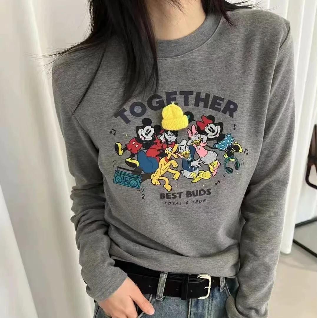 秋冬正肩显瘦百搭卡通印花打底圆领T恤