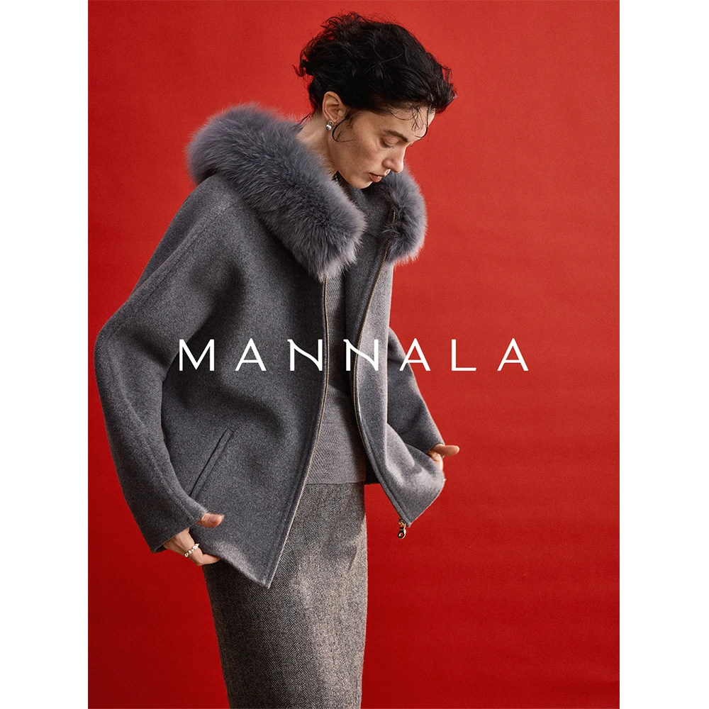 MANNALA丨“小狐呢”贝贝羊驼苏力狐狸毛连帽短款毛呢外套 Q6416