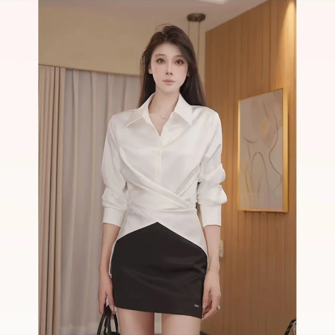 「银色山泉10」秋季褶皱长袖衬衫女交叉收腰修身设计感不规则上衣