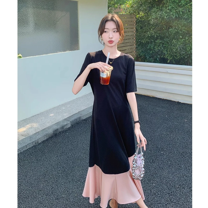 黑色拼接鱼尾裙女长裙2025夏季新款法式宽松时尚垂坠感过膝T恤裙