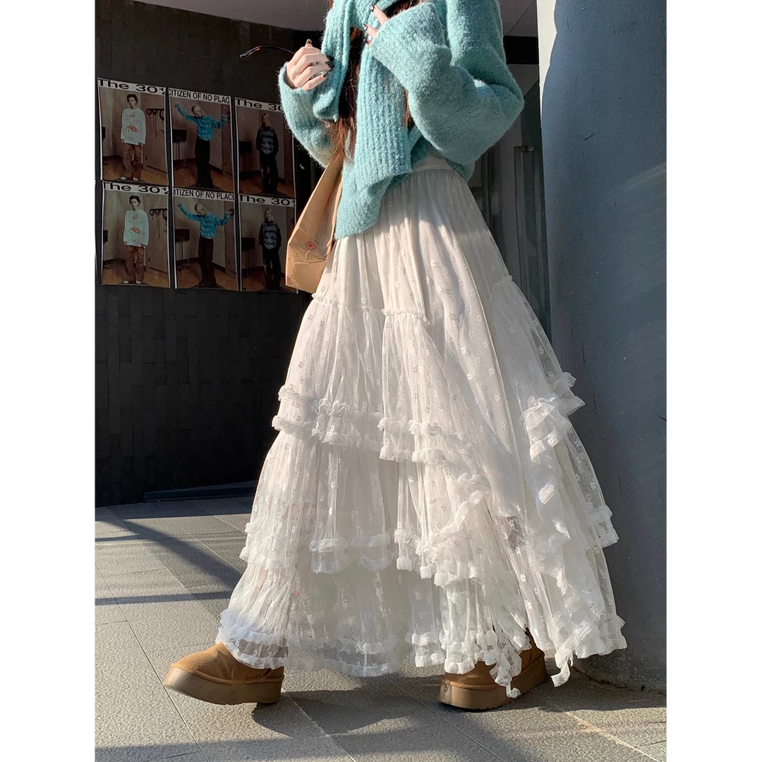 韩代蕾丝白色半身裙女减龄高腰蓬蓬A字纱裙8381