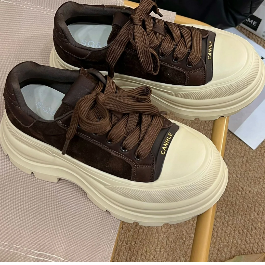 系带松糕鞋圆头磨砂皮拼色小皮鞋