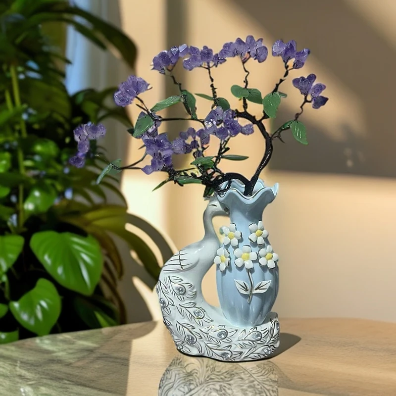 孔雀太阳花迎客松紫水晶陶瓷摆件高净透天然紫水晶百搭摆件