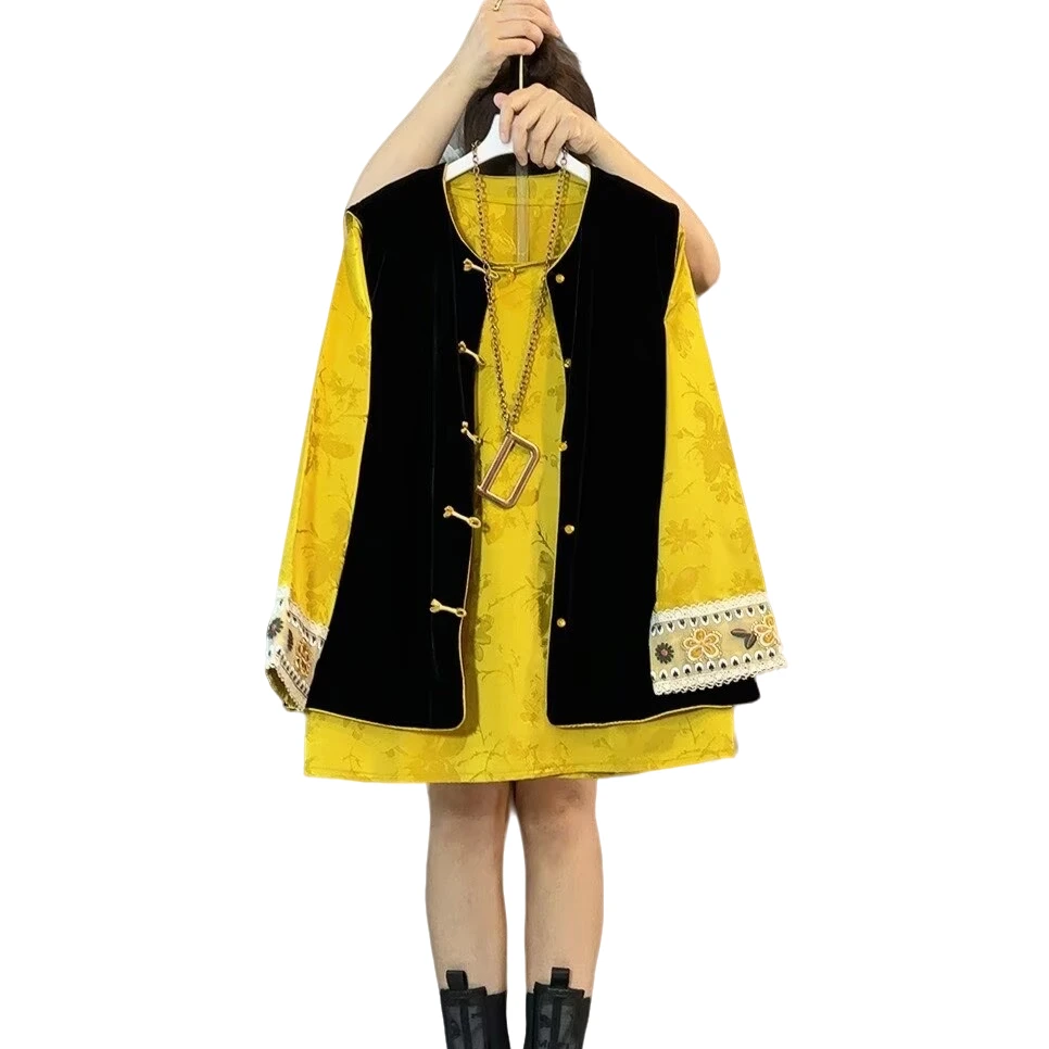 大维罗依JY新中式刺绣轻奢打底衫＋盘扣双面马甲 单件黄色打底衫