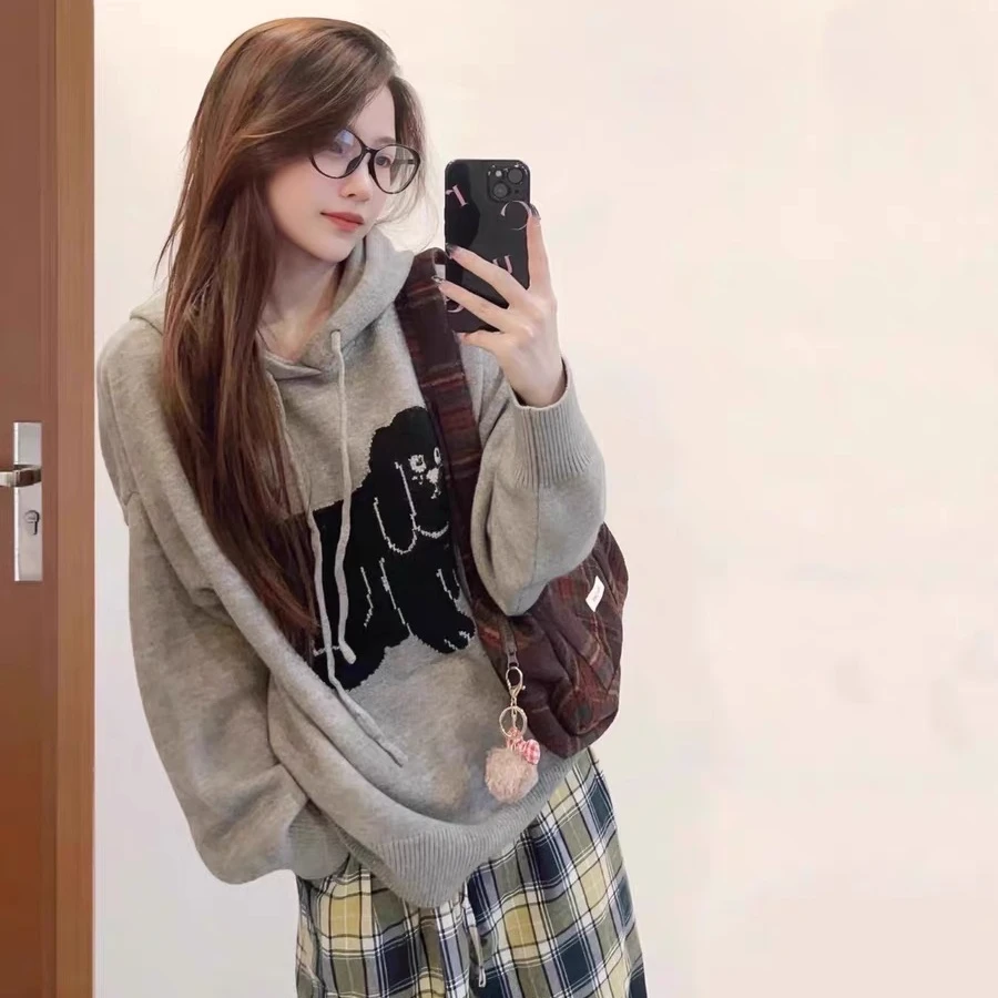 （清）灰色小狗纯色提花连帽针织衫上衣女秋冬宽松休闲套头004