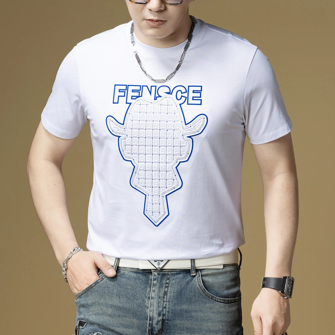 高端时尚压花烫钻轻奢潮牌t恤男2025夏季新款短袖夏季男士短袖T恤