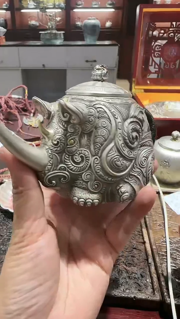 足银999精工手工仿生器犀牛泡茶壶