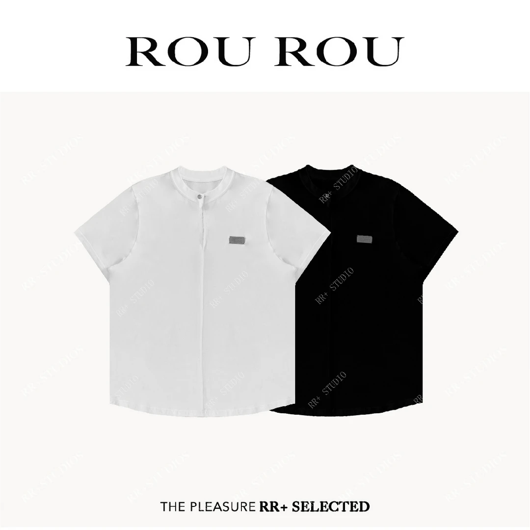 16206简约纯色小立领透气短袖T恤女高级感小贴牌半袖上衣