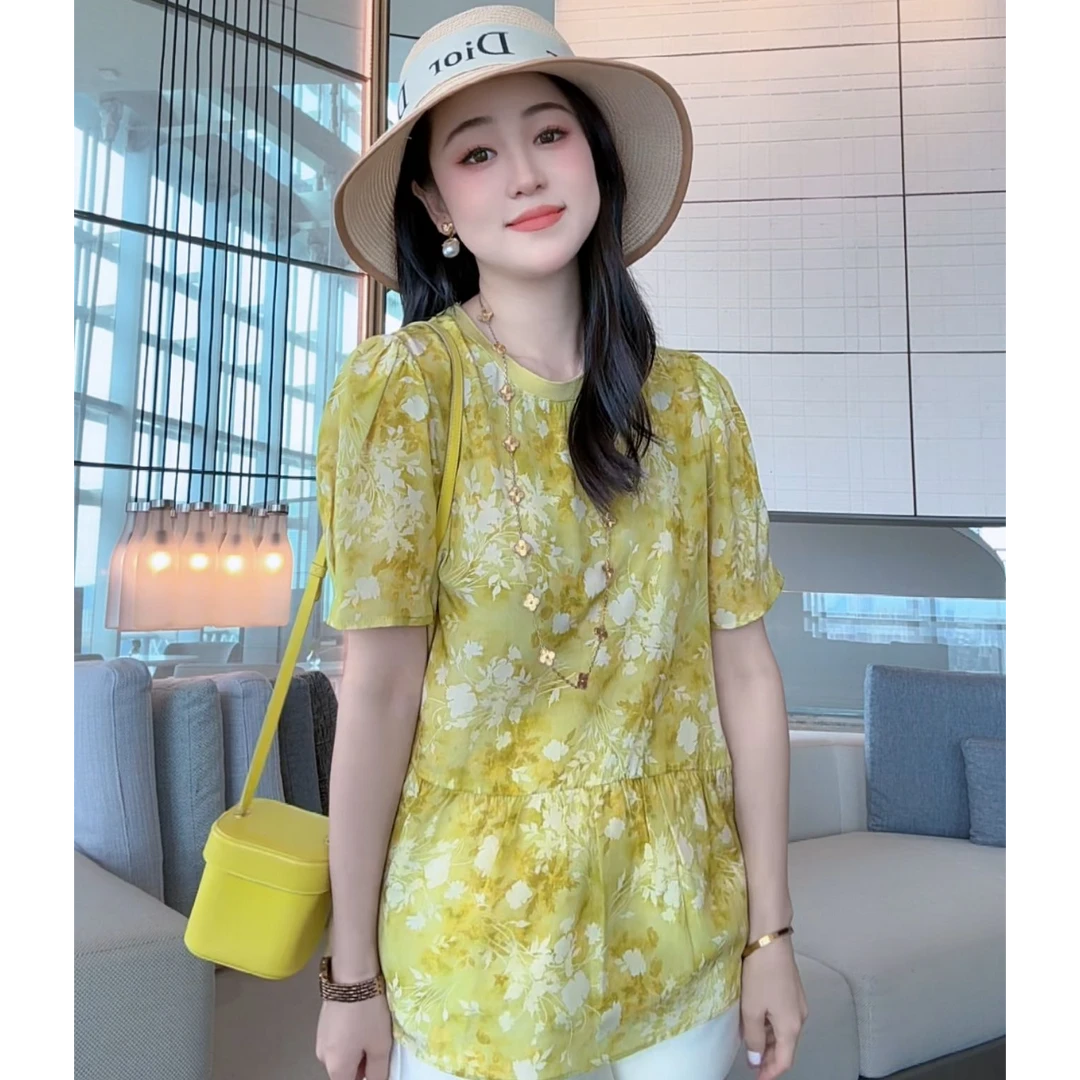 【丝芙玉禄】（F861）100真丝双绉印花黄色时尚显瘦桑蚕丝t恤上衣