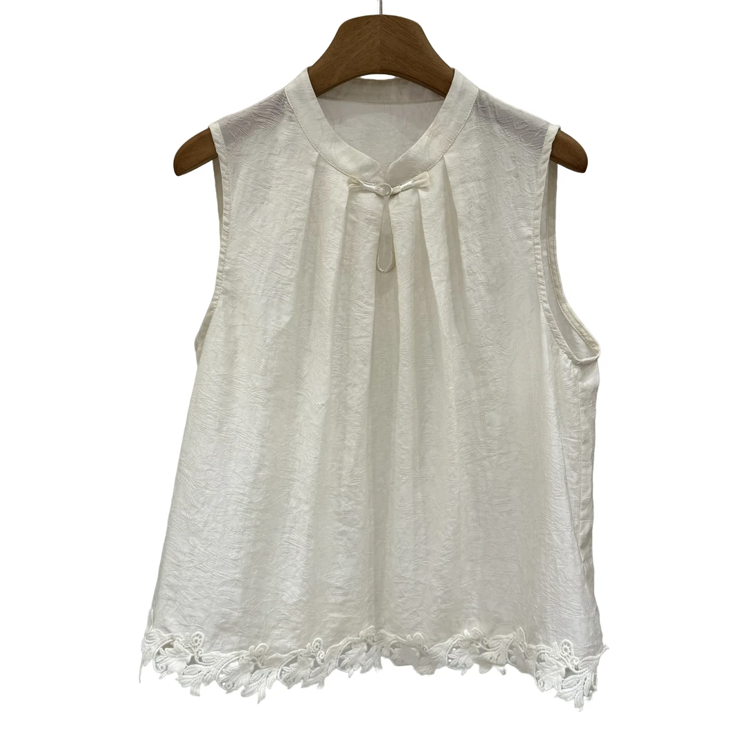 YD25067夏季百搭中式拼接刺绣小衫褶皱洋气出游薄款通勤减龄背心