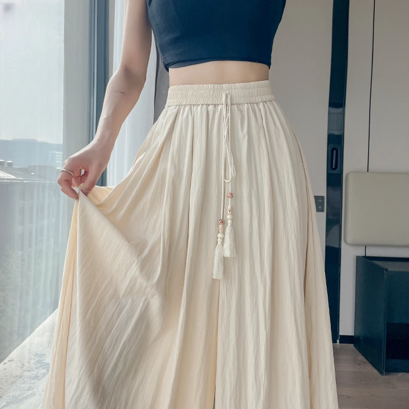 系带冰丝阔腿裤裙女夏季松紧高腰垂感凉凉休闲裤小个子宽松九分裤