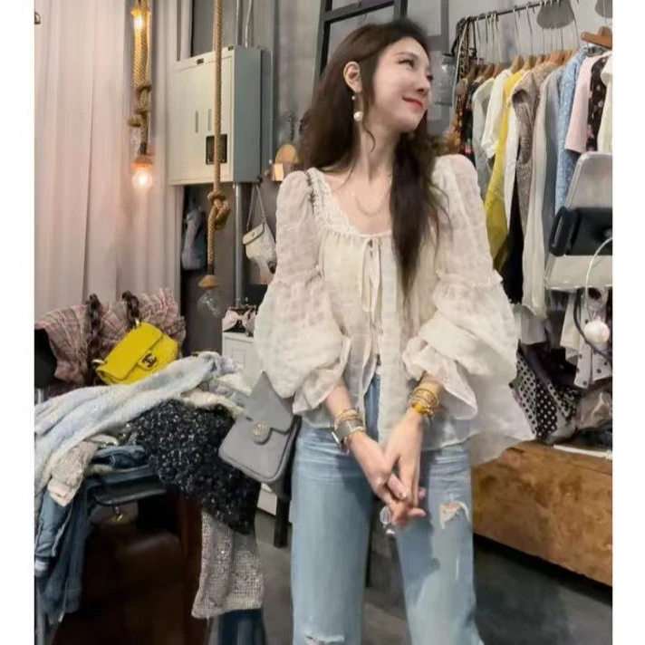 【现货】定制韩系氛围感泡泡袖肌理感防晒衬衫