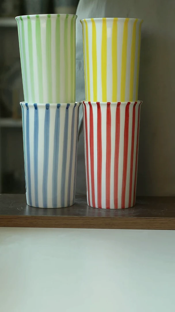 微瑕画釉红/黄/淡蓝/淡绿条纹可乐杯400ml四只组合@4-2@