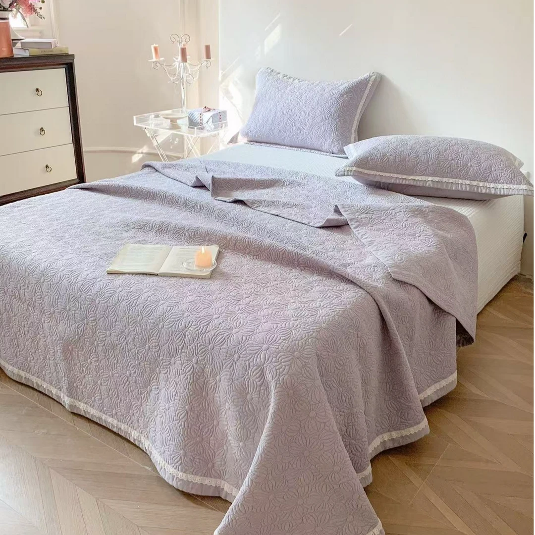 【羽鸿严选】花香高端棉加优可丝三件套床盖双面亲肤纯色夹棉绗缝