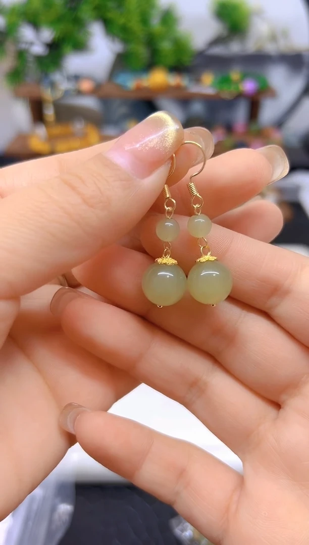 和田玉14K金镶嵌耳饰E774