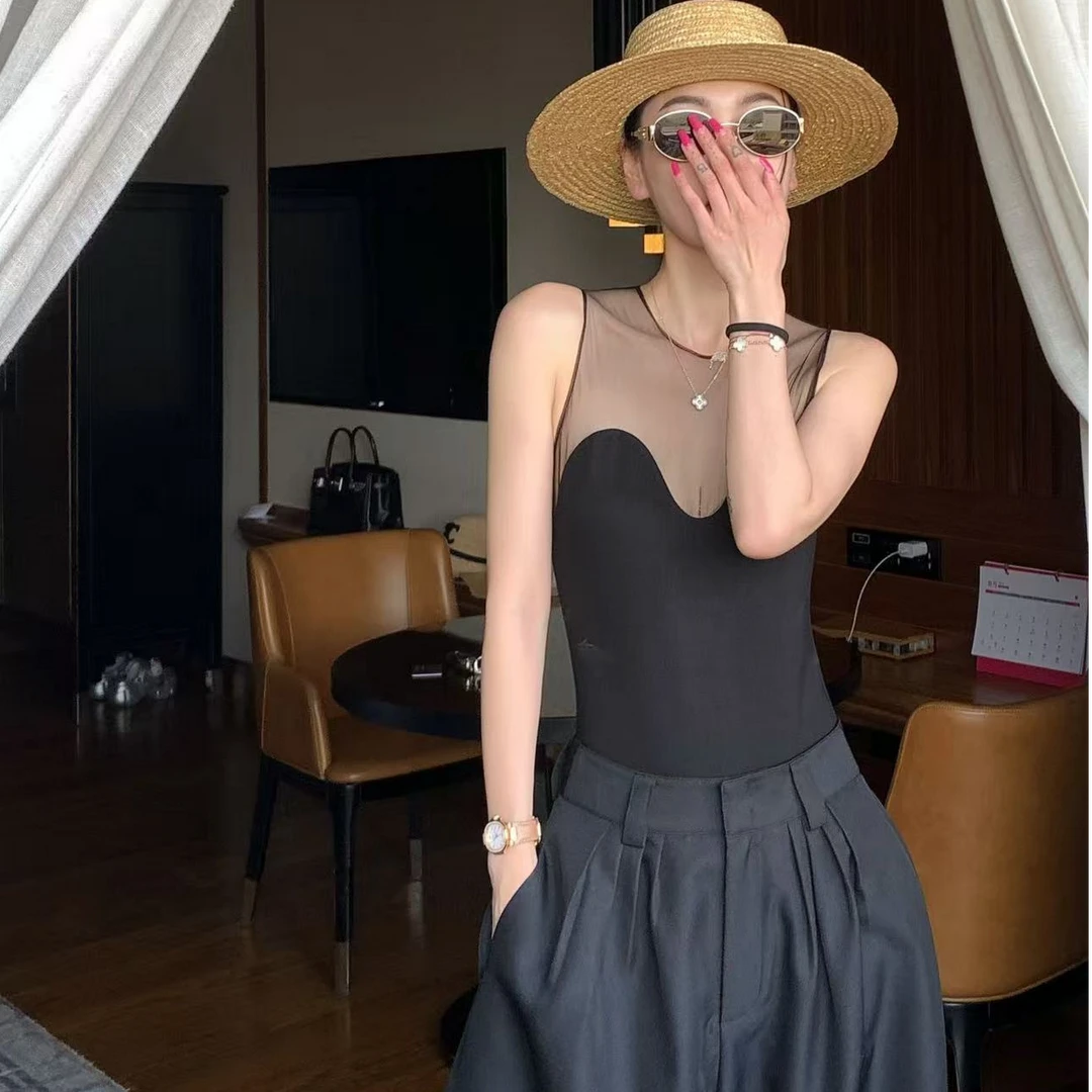 2025夏季黑色圆领无袖网纱拼接性感透视显瘦极简风连体衣背心