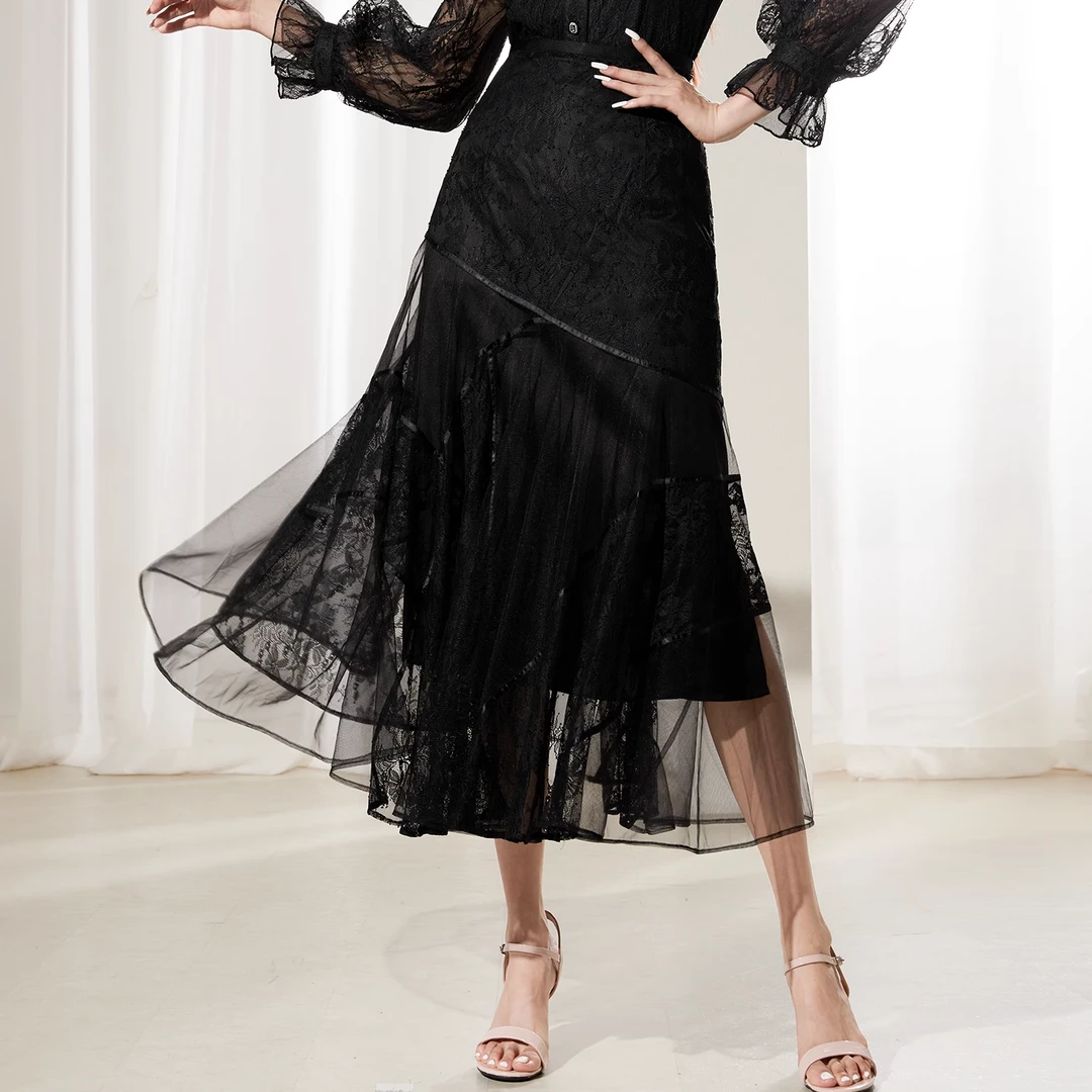 【媛媛女王专享】AUI黑色设计感蕾丝半身裙夏季气质半裙-24X144283