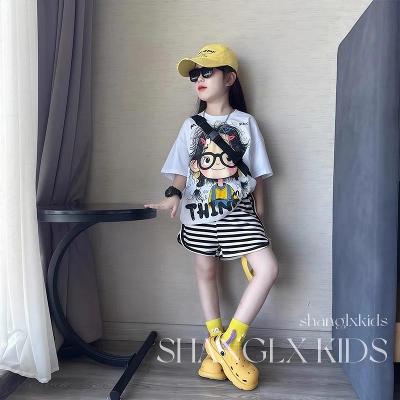 女童超好看韩系夏装小女孩印花条纹短裤速干套装2025新款薄款夏季