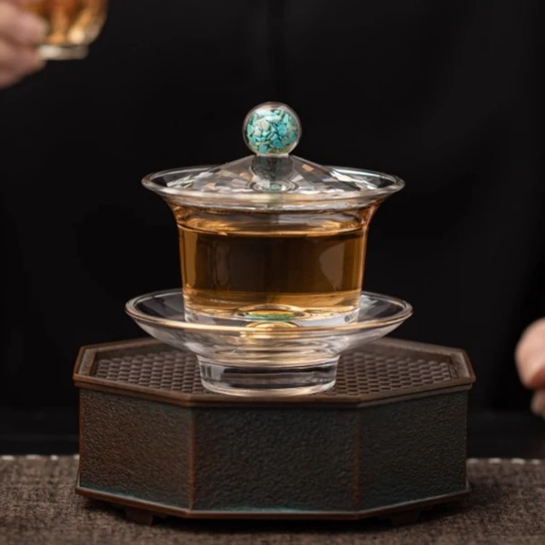 泡茶绿松石水晶玻璃盖碗茶具茶器三才大容量轻奢茶具家庭高级茶具