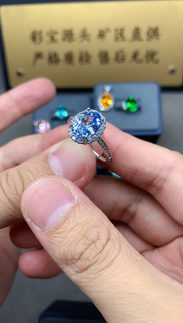 银S925镶嵌戒圈海蓝宝石2222