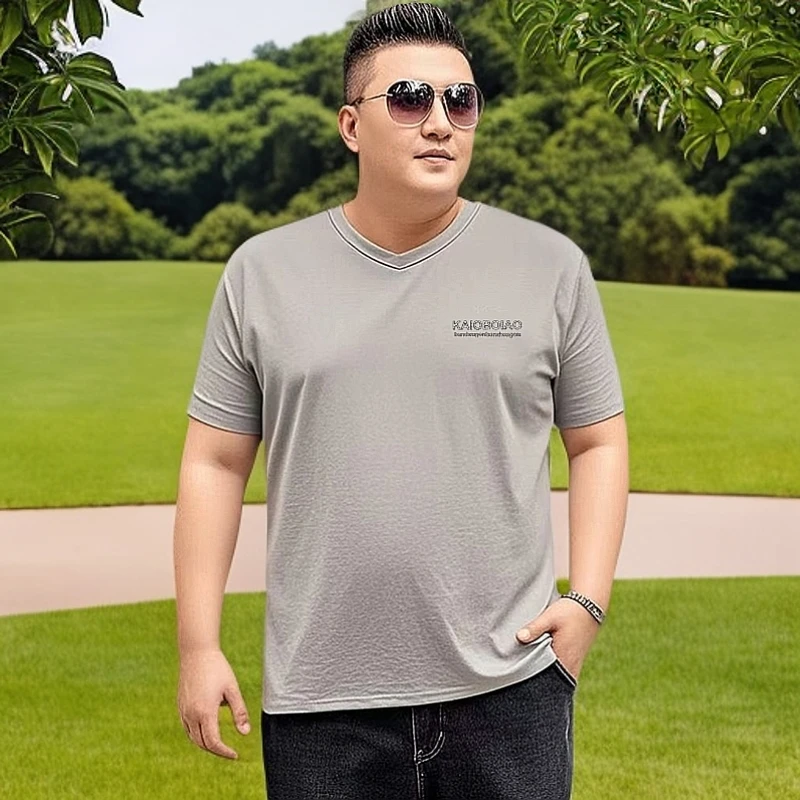 男士男装加肥加大号鸡心领V领短袖T恤打底衫套头上衣夏季宽松大码